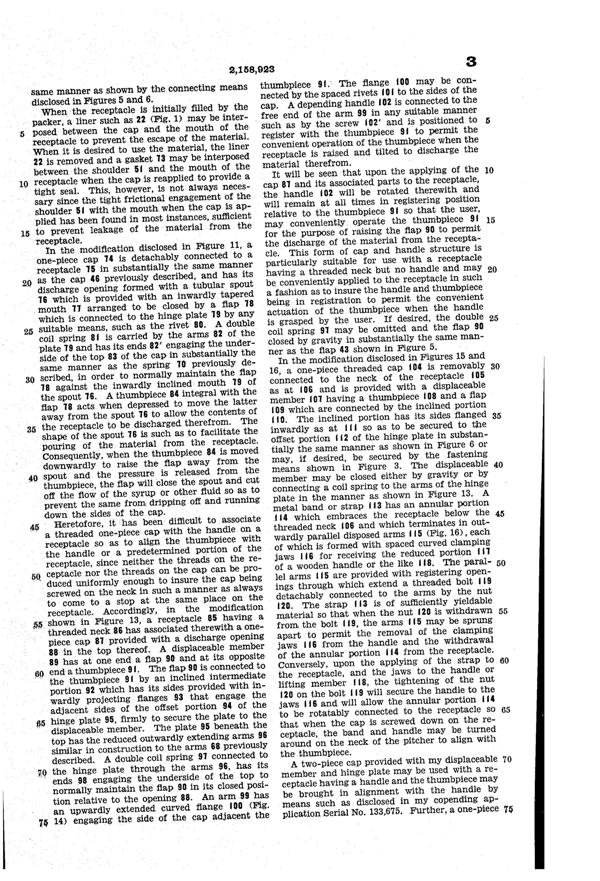 U. S. Glass Jug Top Patent 2158923-6