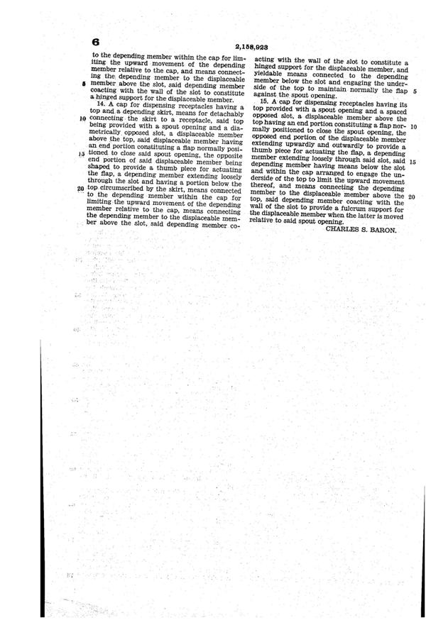 U. S. Glass Jug Top Patent 2158923-9