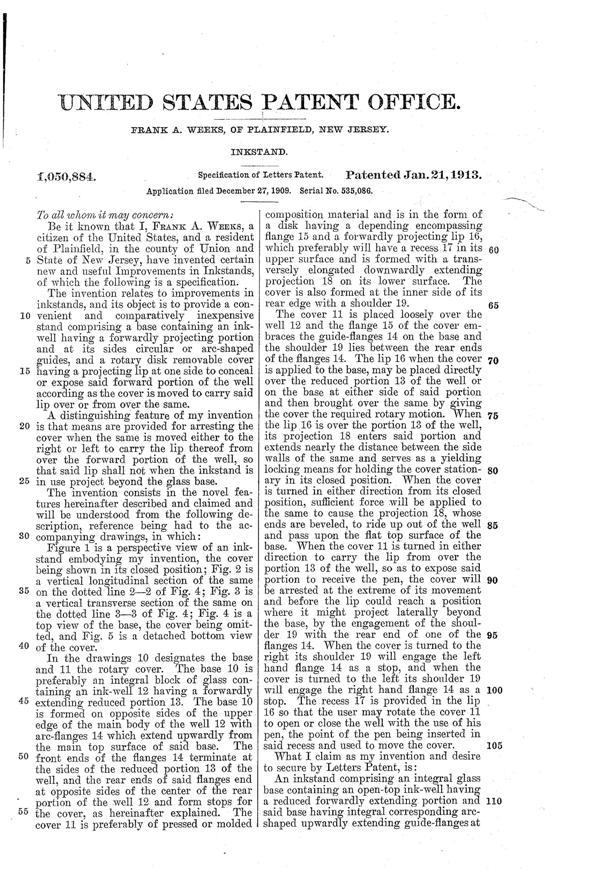Weeks Inkstand Patent 1050884-2