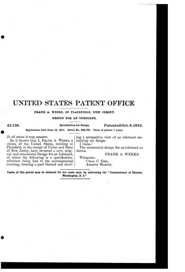 Weeks Inkstand Design Patent D 43128-2