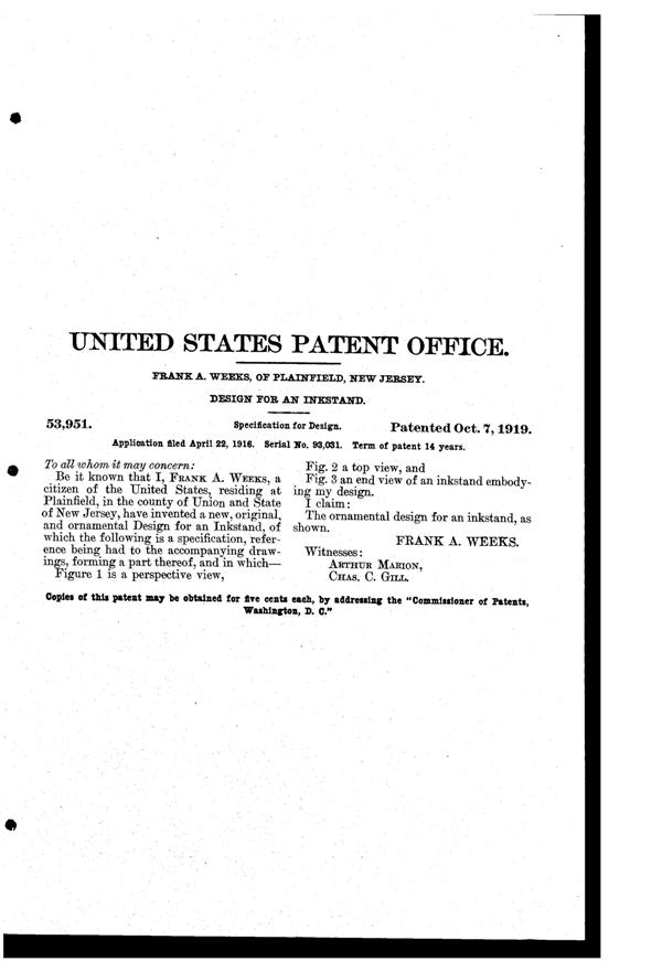 Weeks Inkstand Design Patent D 53951-2
