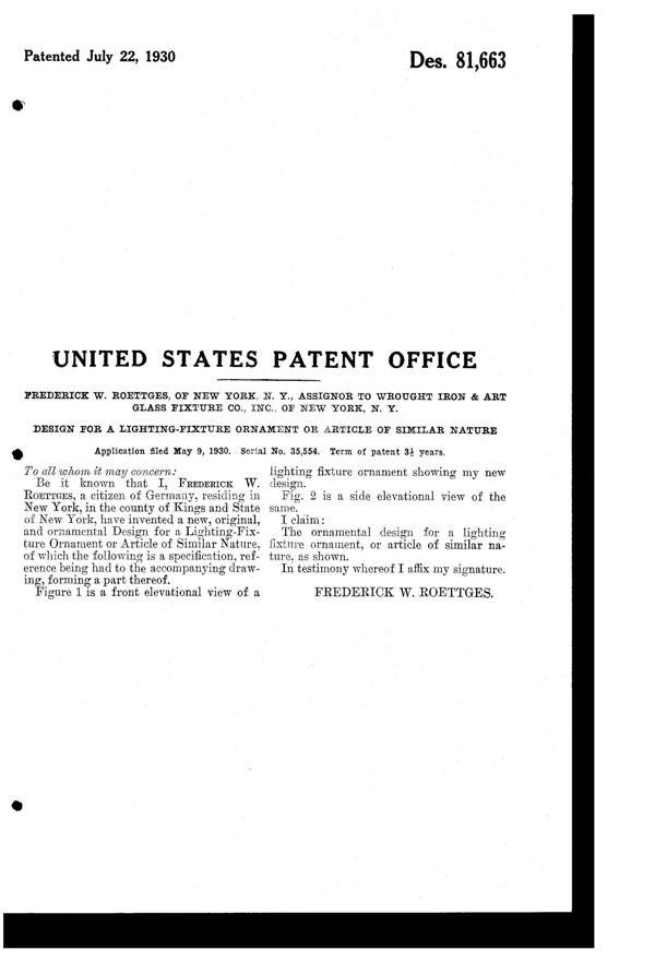 Wrought Iron & Art Glass Fixture Lamp Ornament Design Patent D 81663-2