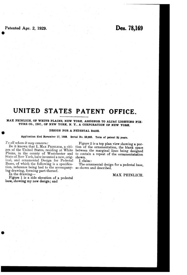Aljac Art Metal Products Base Design Patent D 78169-2