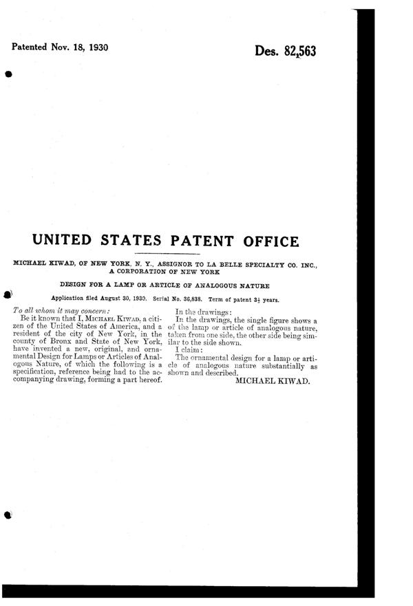 La Belle Specialty Lamp Design Patent D 82563-2
