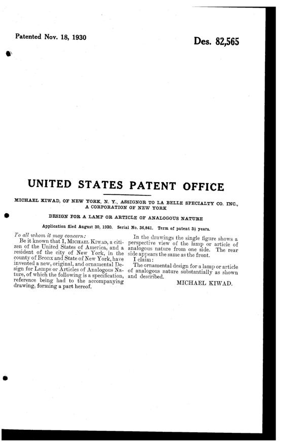 La Belle Specialty Lamp Design Patent D 82565-2