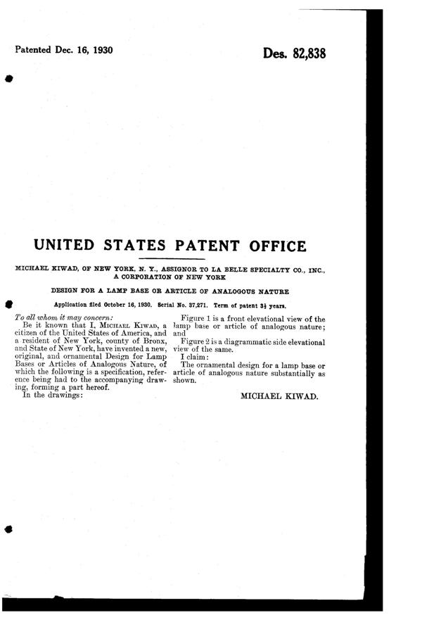 La Belle Specialty Lamp Base Design Patent D 82838-2