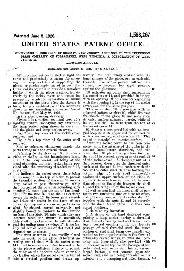 Jefferson Light Fixture Patent 1588267-2