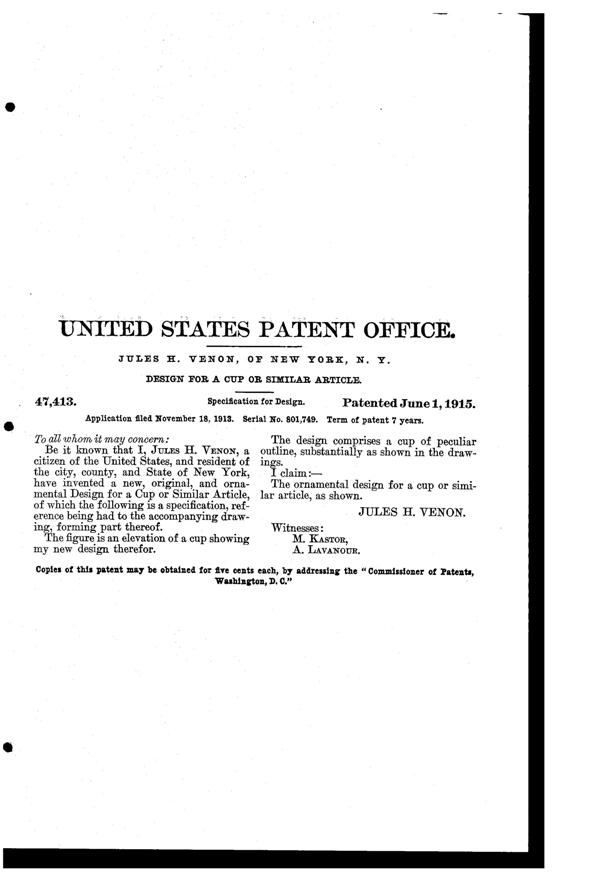 Venon Cup Design Patent D 47413-2