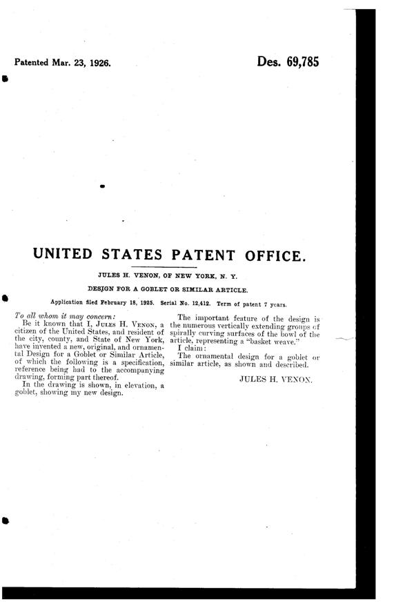 Venon Goblet Design Patent D 69785-2