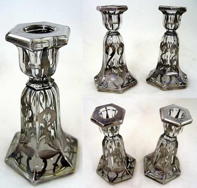 Heisey #  33 Skirted Panel Child's Candlesticks w/ Silver Overlay