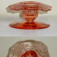 New Martinsville #  35 Fancy Squares Candleholder w/  "Floral & Scroll" Etch