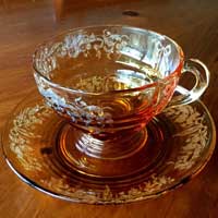 New Martinsville #  37 "Moondrops" or Georgian Plate, Cup & Saucer w/ Roberto Etch