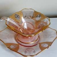 New Martinsville #  35 Fancy Squares Mayonnaise and Liner w/ Lotus Etches
