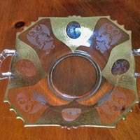 New Martinsville #  36 Oscar Handled Bowl w/ Lotus Springtime & Bell Flower Etches