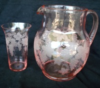 Cambridge # 107 Pitcher & #1630 Tumbler Water Set w/ Martha Grape Etch