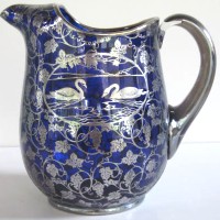 Cambridge #3400/ 100 Ice-Lip Jug w/ Swan Silver Overlay