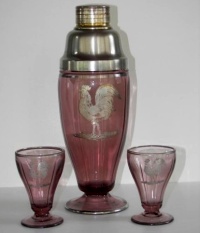 Cambridge # 525 Beverage Set w/ Rooster Silver Overlay