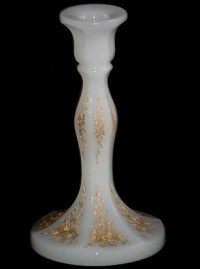 Duncan & Miller #  66 Milk Glass Candlestick w/ Lotus Etch #1007