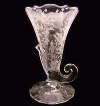 Duncan & Miller # 117 Three Feather Cornucopia Vase with First Love Etch