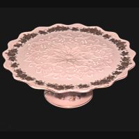 Fenton #3513 Rose Pastel Spanish Lace Footed Cake Plate w/ Charleton Gold Roses Decoration
