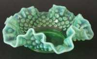 Fenton # 389 Green Opalescent Hobnail Crimped Bon Bon