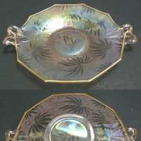 Fostoria #2375 Fairfax Handled Lemon Plate w/ # 73 Palm Leaf Brocade Decoration