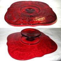 Paden City # 412 Crow's Foot Square Cake Plate w/ Peacock Reverse Etch