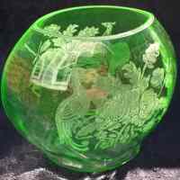 Paden City # 182 Elliptical Vase w/ Peacock & Rose Etch