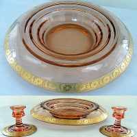 Paden City # 191 Party Line Console Bowl & # 192 Candlesticks w/ Gold Encrusted Cosmos Etch