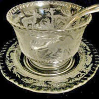 Paden City # 881 Gadroon Mayonnaise, Liner, & Ladle w/ Black Forest Etch