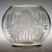 Paden City # 182 Elliptical Vase w/ Oriental Garden Etch