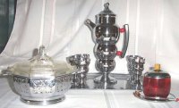 Farberware Cocktail Set and Deco Pyrex Casserole Holder