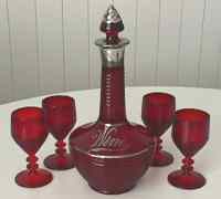 Paden City # 991 Penny Line Decanter Set with Unknown Silver Decoration