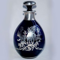 Unknown Cobalt Pinch Decanter w/ Unknown Silver Horseman Overlay
